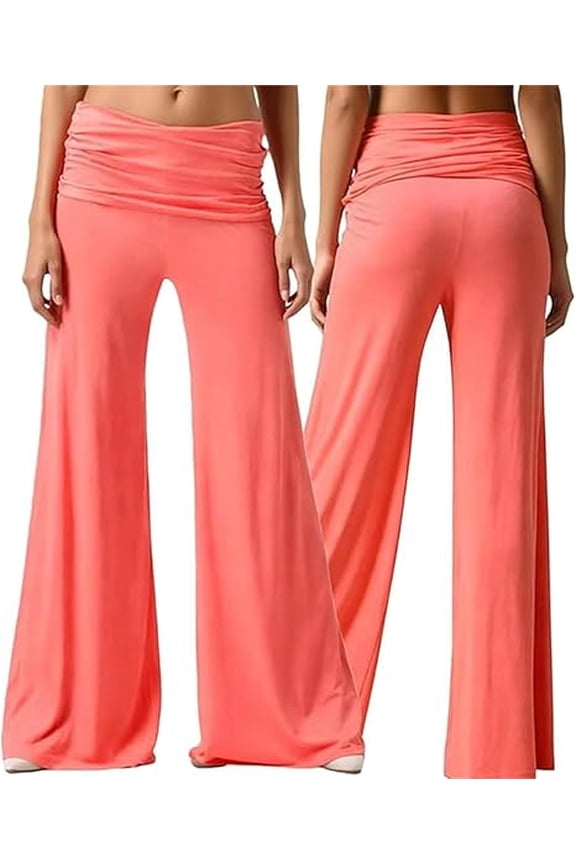 Coral Foldover Pants, Wide Leg High Fold Over Waist Palazzo Pant, Y2K Sweatpants Pants Fold Over Strechy Yoga