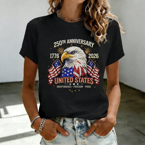 WJJIAO Women's 250th Anniversary Print Shirt Bald Eagle and USA Flag 250 anniversary usa flag Patriotic Tshirt