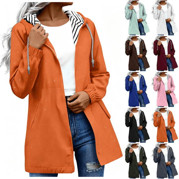 Hzzrkos Women Casual Lightweight Striped Lined Hooded Rain Jacket Windbreaker Zip Up Raincoats With Pockets For Outdoor Daily Travel Army Green L