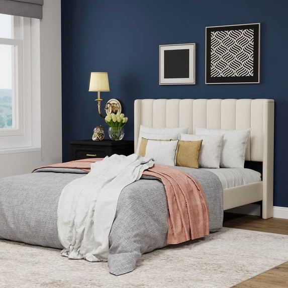 WJORATA Upholstered Platform Full Size Bed Frame with Headboard Wooden Slats Support,Beige
