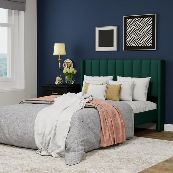 WJORATA Upholstered Platform Full Size Bed Frame with Headboard Wooden Slats Support,Green