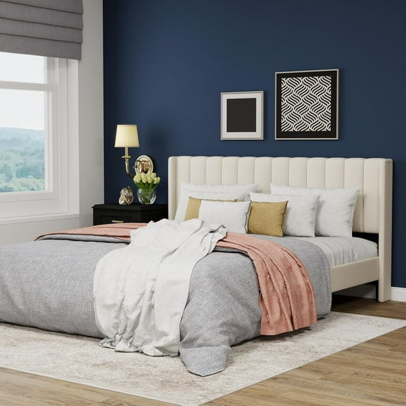WJORATA Upholstered Platform King Size Bed Frame with Headboard Wooden Slats Support,Beige