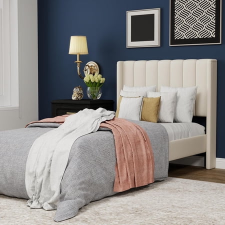 WJORATA Upholstered Platform Twin Size Bed Frame with Headboard Wooden Slats Support,Beige