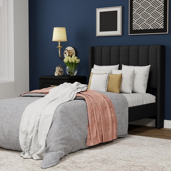 WJORATA Upholstered Platform Twin Size Bed Frame with Headboard Wooden Slats Support,Black