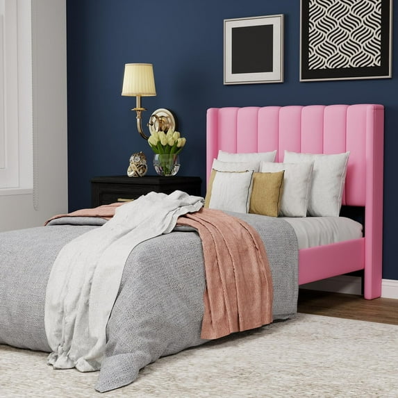 WJORATA Upholstered Platform Twin Size Bed Frame with Headboard Wooden Slats Support,Pink