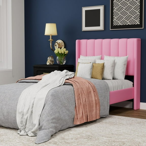 WJORATA Upholstered Platform Twin Size Bed Frame with Headboard Wooden Slats Support,Pink