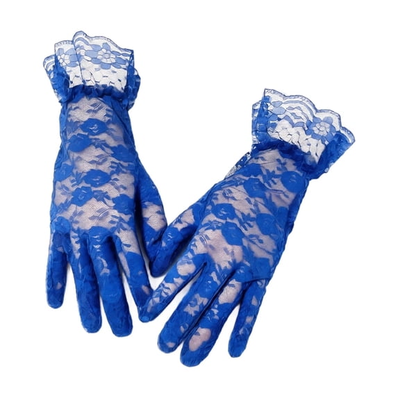 WJOSBXT 1Pair Women Lace Floral Short Gloves, Elegant Tea Party Wedding Bridal Gloves Royal Blue
