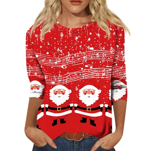 WJOSBXT Christmas Shirts For Women Crewneck 3/4 Sleeve Tops Funny Xmas Holiday Graphic Tees Lightweight Loose fit Ugly Shirt 2XL
