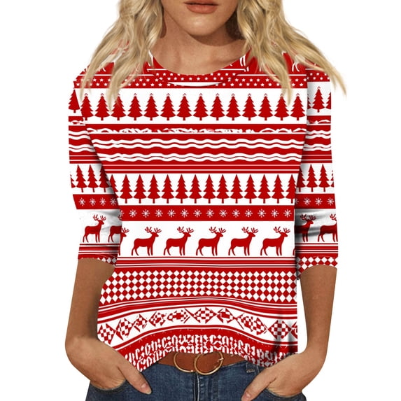 WJOSBXT Christmas Shirts For Women Crewneck 3/4 Sleeve Tops Funny Xmas Holiday Graphic Tees Lightweight Loose fit Ugly Shirt M
