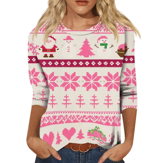 WJOSBXT Christmas Shirts For Women Crewneck 3/4 Sleeve Tops Funny Xmas Holiday Graphic Tees Lightweight Loose fit Ugly Shirt S