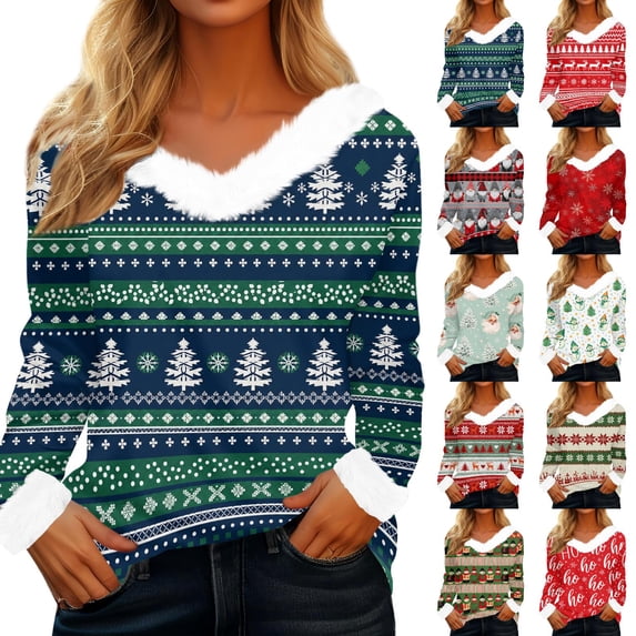 WJOSBXT Christmas Shirts for Women Faux Fur Trim V Neck Tops Funny Xmas Graphic Tees Fluffy Long Sleeve Holiday Pullover Tee Tops L