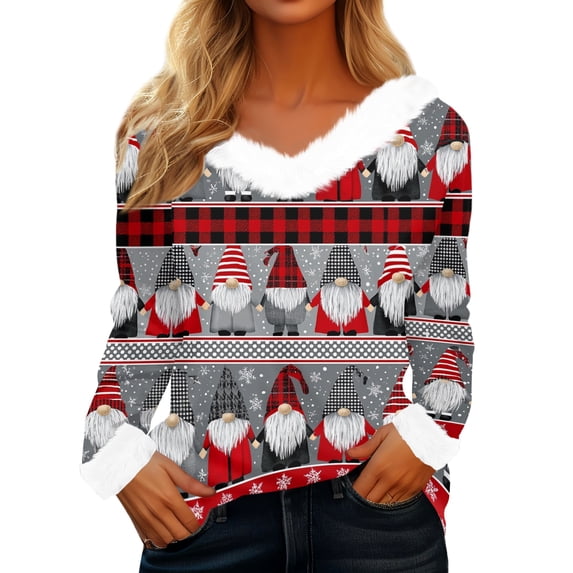 WJOSBXT Christmas Shirts for Women Faux Fur Trim V Neck Tops Funny Xmas Graphic Tees Fluffy Long Sleeve Holiday Pullover Tee Tops M