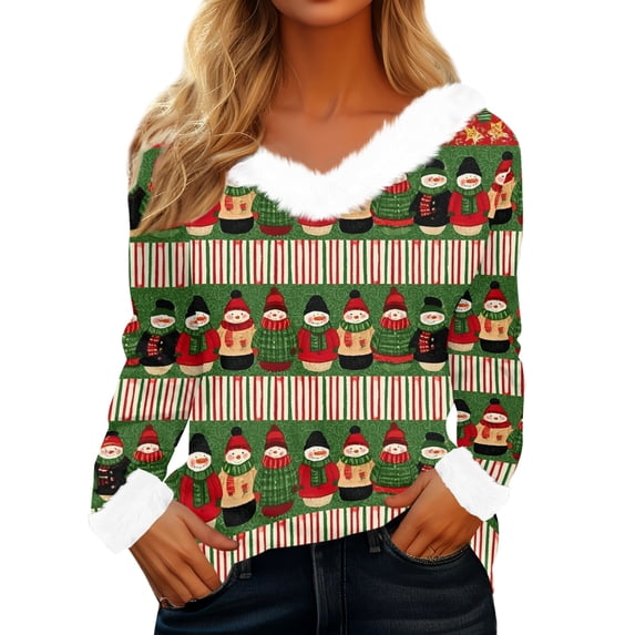 WJOSBXT Christmas Shirts for Women Faux Fur Trim V Neck Tops Funny Xmas Graphic Tees Fluffy Long Sleeve Holiday Pullover Tee Tops S