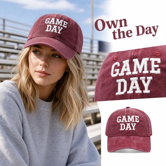 WJOSBXT Game Day Embroidered Baseball Cap, Vintage Washed Cotton Soft Brim Hat, Adjustable Metal Buckle Sports Casual Hat for Men Women