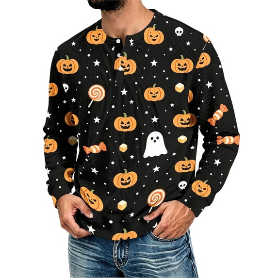 WJOSBXT Halloween Shirts For Men Long Sleeve Crew Neck Shirt Funny 3D Print Holiday Graphic Tees Lightweight Loose Fit Tshirt 2XL