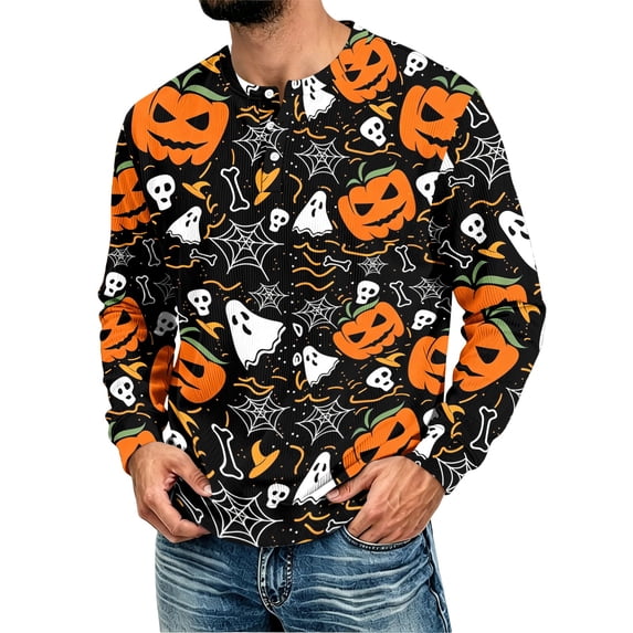 WJOSBXT Halloween Shirts For Men Long Sleeve Crew Neck Shirt Funny 3D Print Holiday Graphic Tees Lightweight Loose Fit Tshirt XL