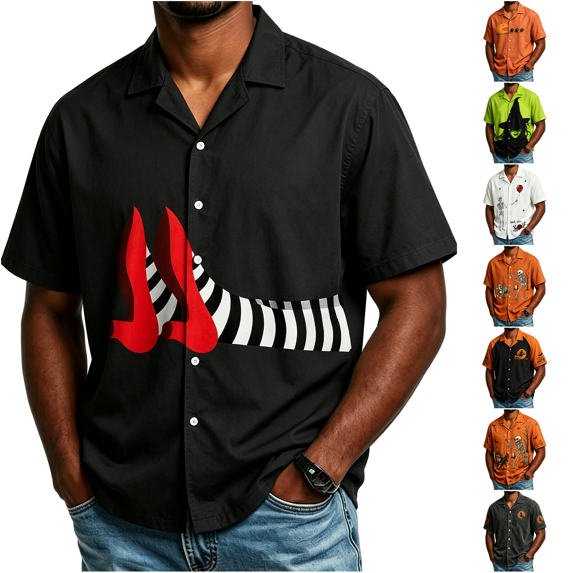 WJOSBXT Halloween Shirts For Men Button Down Short Sleeve T‑Shirt, Crew Neck Lightweight Breathable Collared Shirt Loose Fit Lapel Holiday Graphic Tees for Men 2XL
