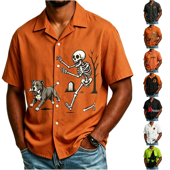 WJOSBXT Halloween Shirts For Men Button Down Short Sleeve T‑Shirt, Crew Neck Lightweight Breathable Collared Shirt Loose Fit Lapel Holiday Graphic Tees for Men 2XL