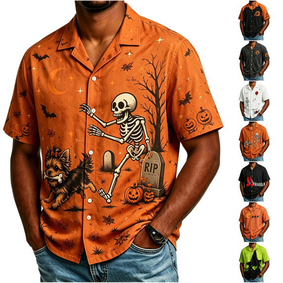 WJOSBXT Halloween Shirts For Men Button Down Short Sleeve T‑Shirt, Crew Neck Lightweight Breathable Collared Shirt Loose Fit Lapel Holiday Graphic Tees for Men S
