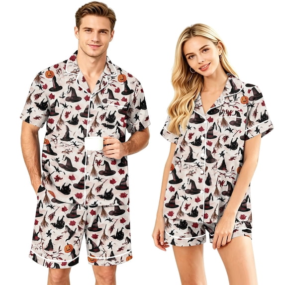 WJOSBXT Matching Halloween Pajama Sets for Men Women Ghost Skeleton Graphic Sleepwear Button Down Shorts Sleeve Shirts & Pajama Shorts Lightweight Gothic Loungewear Sets