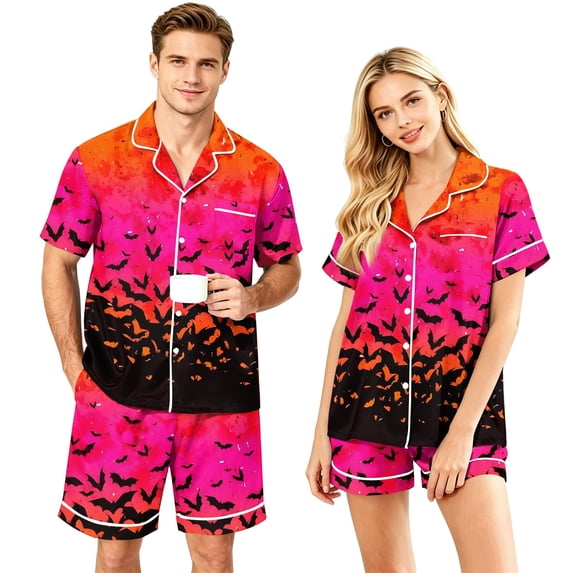 WJOSBXT Matching Halloween Pajamas for Couples Skeleton Ghost Graphic Loungewear Sets Button Down Shorts Sleeve Shirts & Pajama Shorts Stretch Vintage Sleepwear