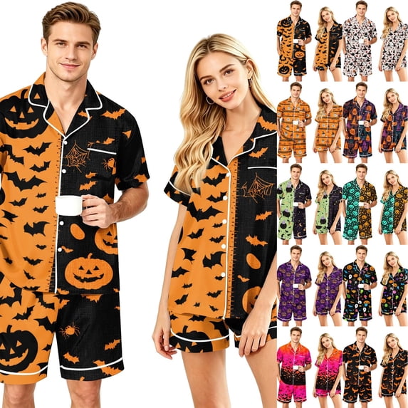 WJOSBXT Matching Halloween Pajamas for Couples Skeleton Ghost Graphic Sleepwear Shorts Sleeve Button Down Shirts & Pajama Shorts Lapel Gothic Loungewear Sets
