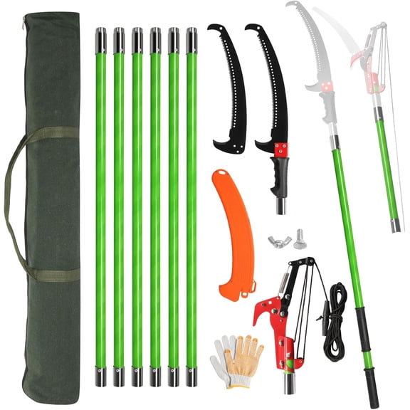 WJSP 26 Feet Pole Saw Green Extendable Tree Pruner Manual Alloy Steel Blade for High Branches Trimming