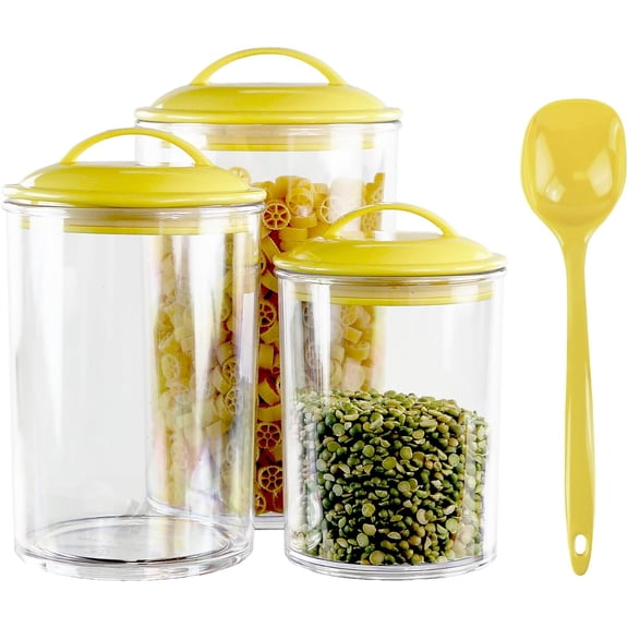 WJSP 3 Piece Food Storage Container Set Lemon Acrylic Airtight Canisters w Spoon for Cereal Pasta Flour Coffee