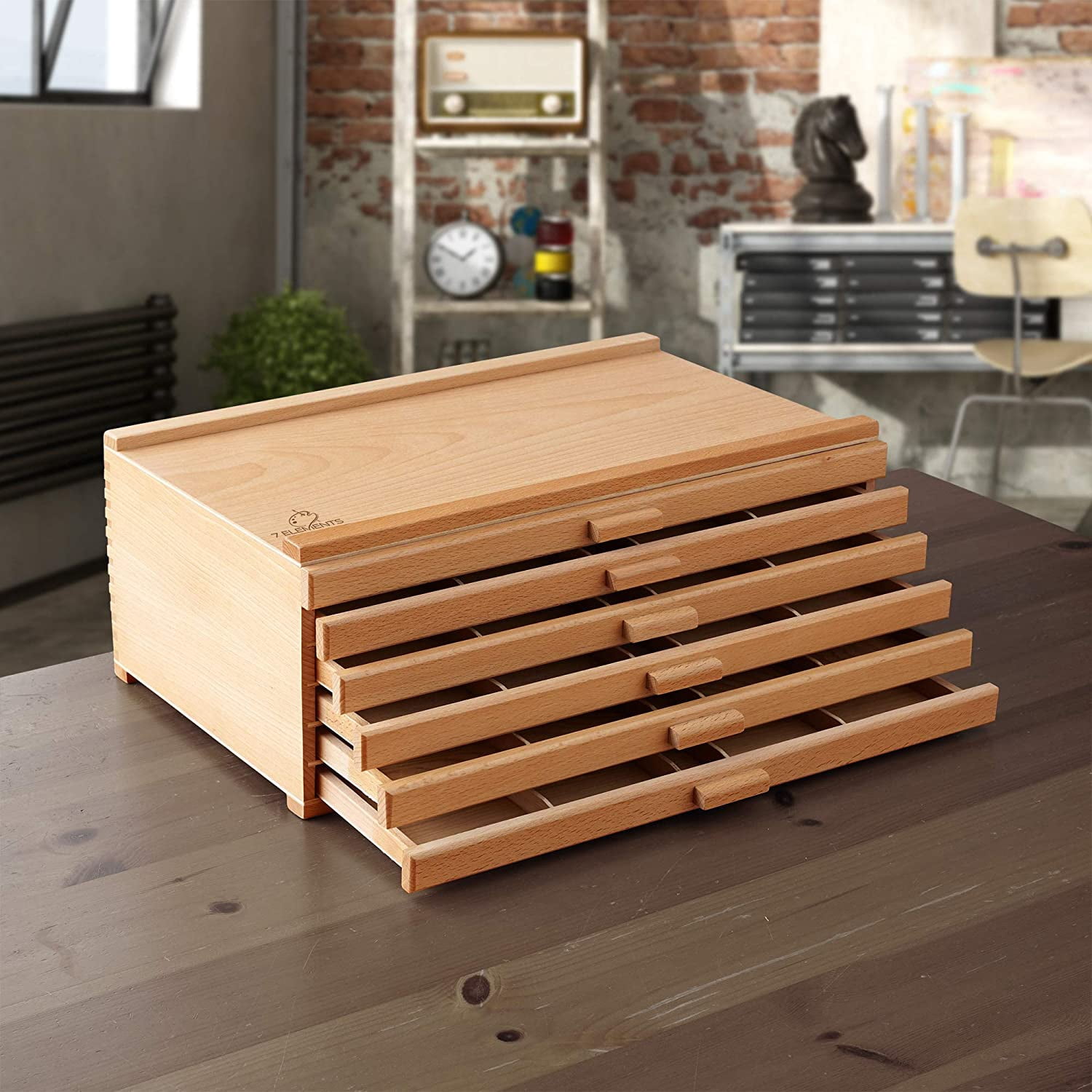 WJSP 6 Drawer Wooden Artist Storage Box Natural 15.75x9.75x6.25in for Pastels Pencils Pens Markers Brushes