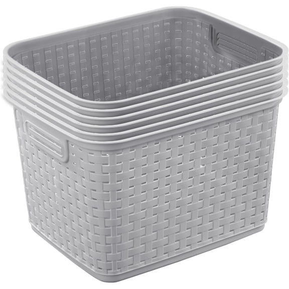 WJSP 6-Pack Weave Storage Baskets Cement Gray 15"L Rectangular W/Handles For Bedroom Bathroom Laundry