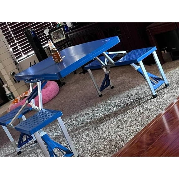 WJSP Camping Picnic Table Set Blue 34X53X26 Inch 4 Seat Folding With Umbrella Hole For BBQ Travel