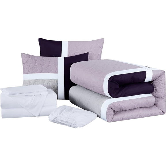 WJSP Comforter Set King 7 piece Lavender Purple Gray Lightweight Patchwork Quilted Bedding Sheets for All Season