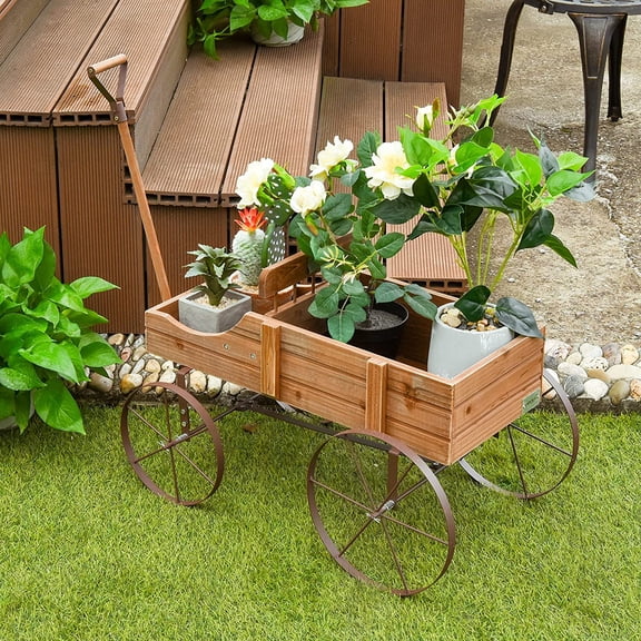 WJSP Decorative Garden Planter Wagon Natural 24.5X13.5X24 Inch Wood With Wheels For Backyard Patio
