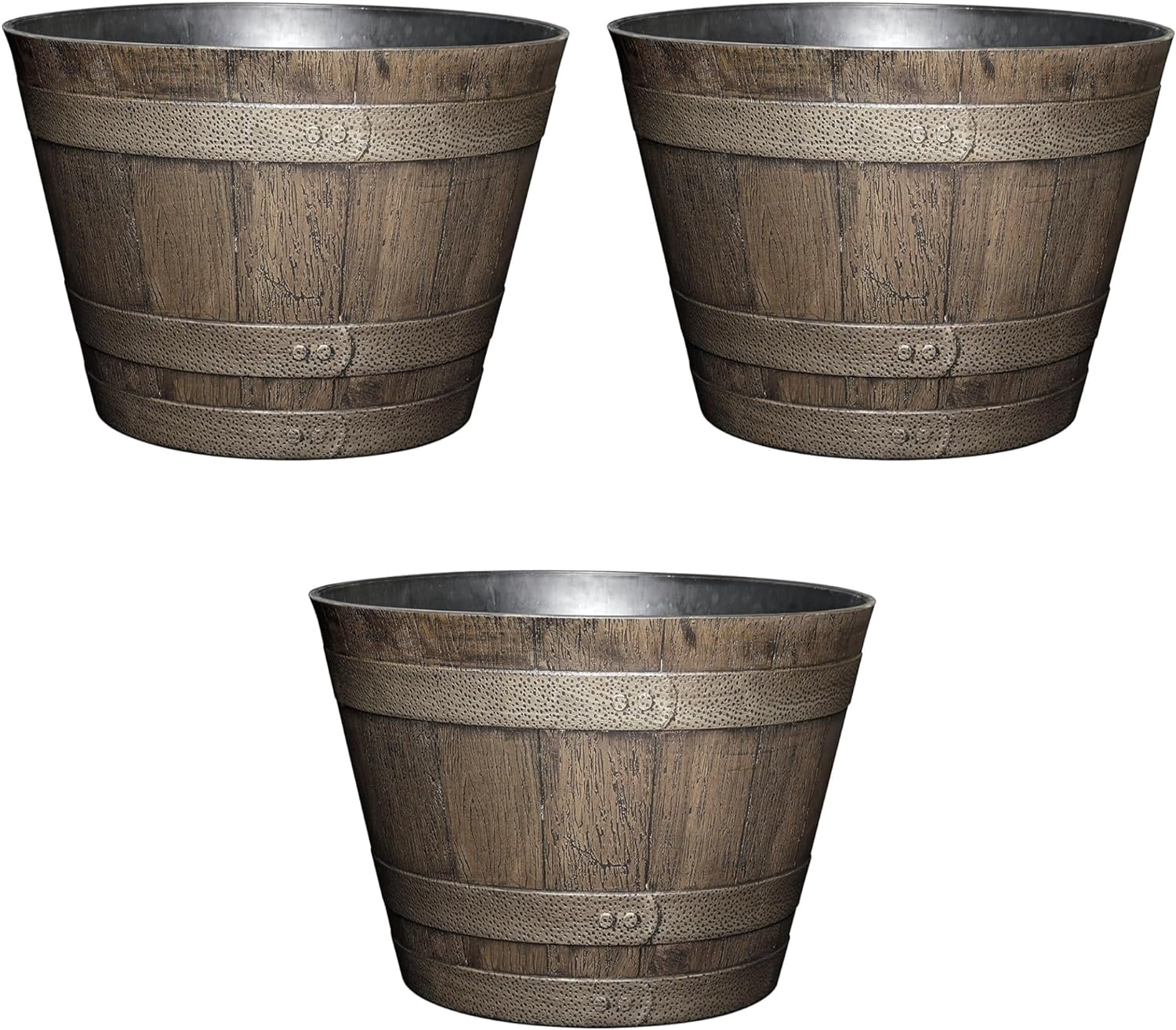 WJSP Distressed Oak Brown Resin Barrel Planter 20.5in pack of 3 Rustic Outdoor Flower Pot with Drainage Holes for Patio Garden Deck Farmhouse Decor