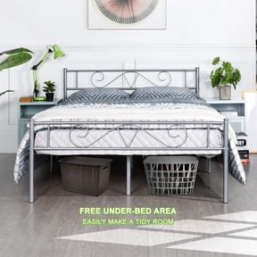 WJSP Double Bed Full Size Bed Frame Silver 77.2x56.1x34.8in Metal Platform Headboard Steel Foundation No Box Spring Needed Use Under Bed Storage Use