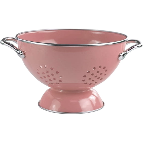 WJSP Enameled Colander Pink 1.5 QT 9.5x7.5x4.5in Powder Coated Steel Strainer w Handles for Pasta Berries Fruit