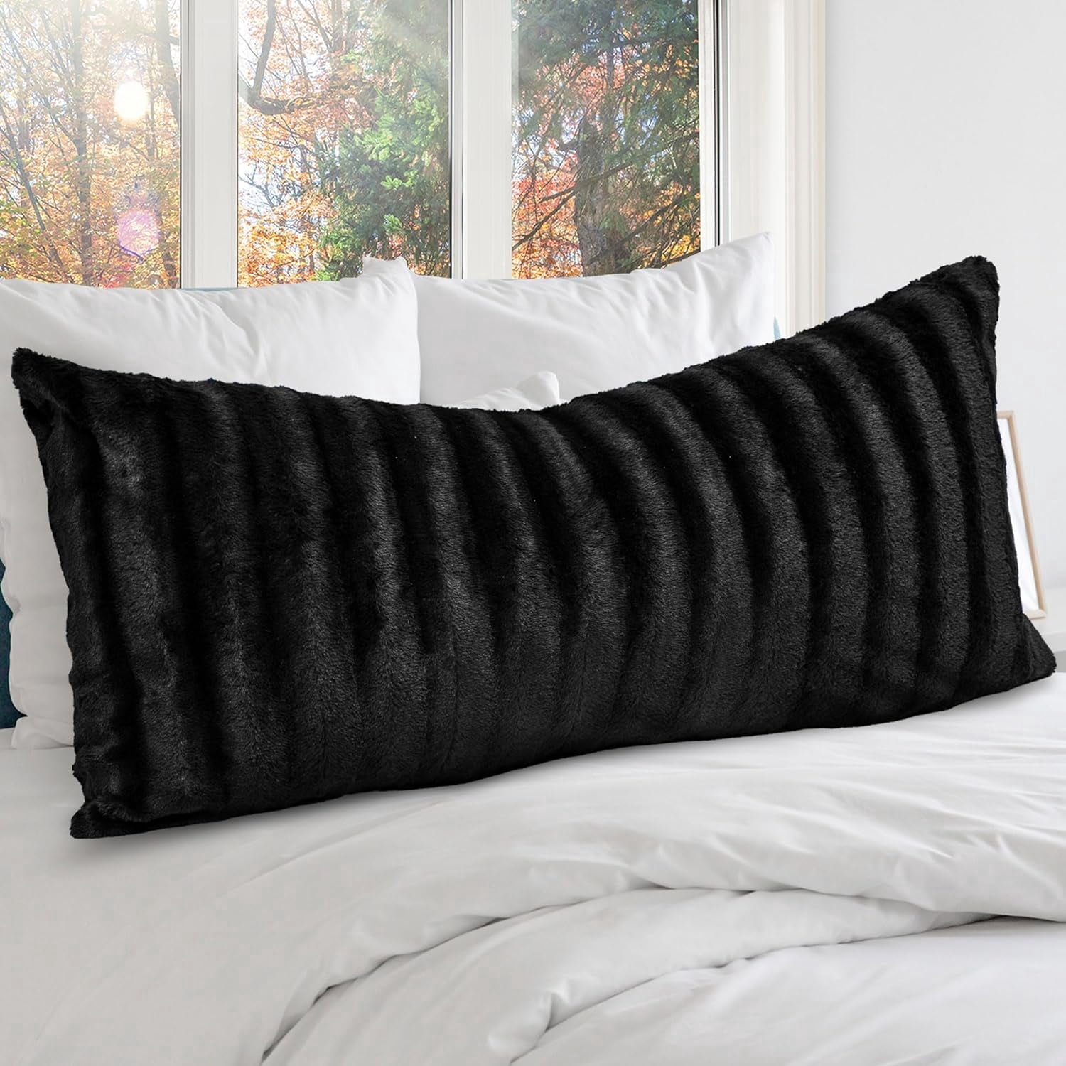 Wjsp Faux Fur Body Pillow 18"x40" Black Polyester Soft for Bed Couch Decorative
