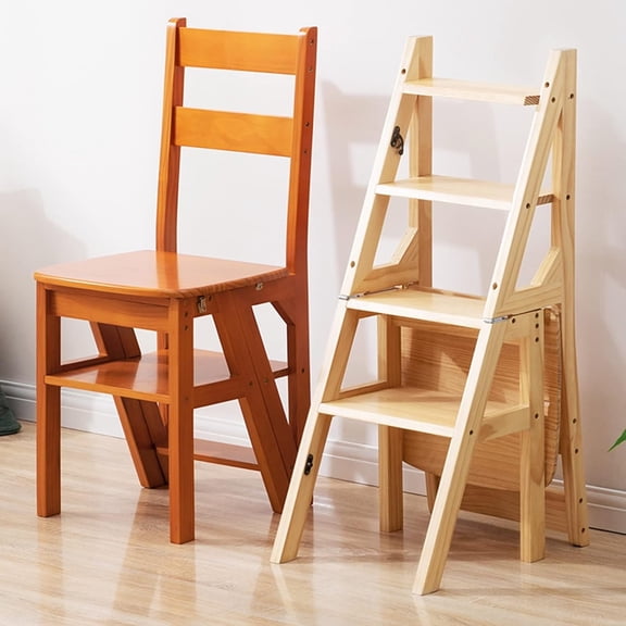 WJSP Folding Ladder Chair Brown 4 Step Solid Wood 400 lb Capacity for Library Home Office Step Stool Display Stand