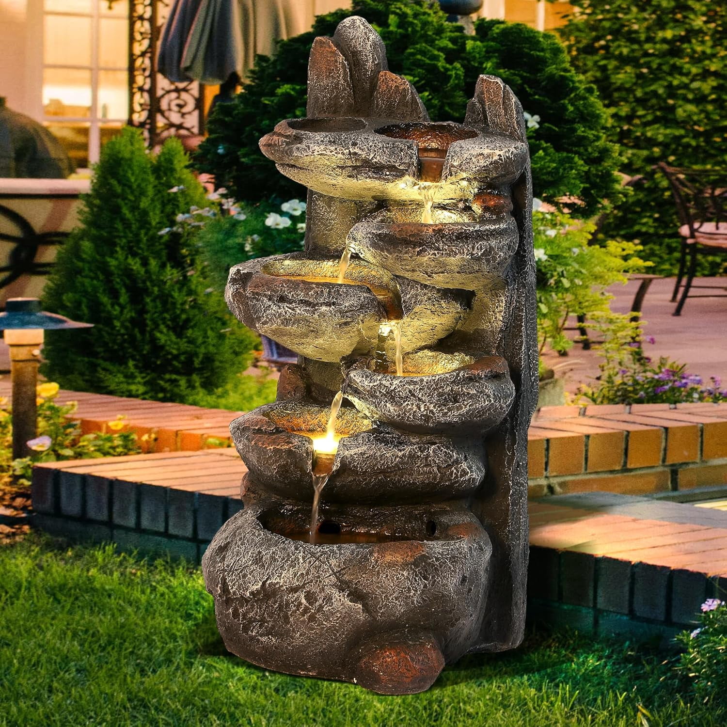 WJSP Gray 6-Tier Cascading Rock Water Fountain 35x30x68cm Outdoor Freestanding Waterfall with LED Light Pump Natural Stone Look for Garden Patio Yard