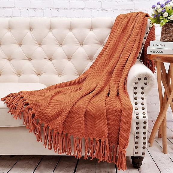 WJSP Knitted Tweed Throw Blanket Rust 50"x60" Super Soft Lightweight for Sofa Couch Bed Living Room