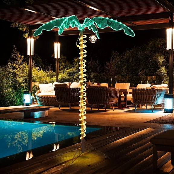 WJSP Lighted Palm Tree Green 4 Ft 207 LED For Outdoor Patio Pool Yard Holiday Decor Artificial