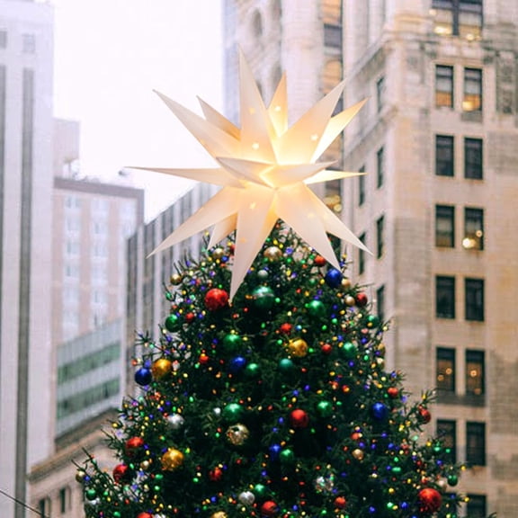 WJSP Moravian Star Tree Topper Pendant Light, 17.7" PVC Paper Lantern 18-Point 3D Star, 8 Blink Modes Waterproof Battery Operated Warm White Christmas Decoration