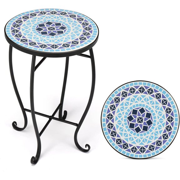 WJSP Mosaic Accent Table, 14" Round Side Table,End Table, Plant Stand Decor for Patio Porch Beach Theme Balcony Back Deck Pool Indoor Outdoor Coffee, Metal Cobalt Glass Top Black Iron(Blue Ocean)