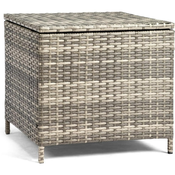 WJSP Outdoor Deck Box Grey 20.8 Inch 27 Gal Rattan Waterproof Storage For Patio Yard Porch Side Table