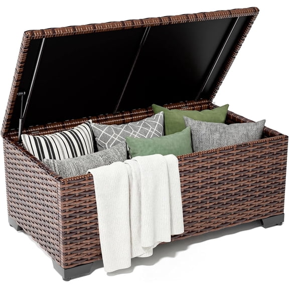 WJSP Outdoor Storage Table Brown 22X16X39.5 Inch Wicker Coffee Table With Waterproof Cover For Patio Garden