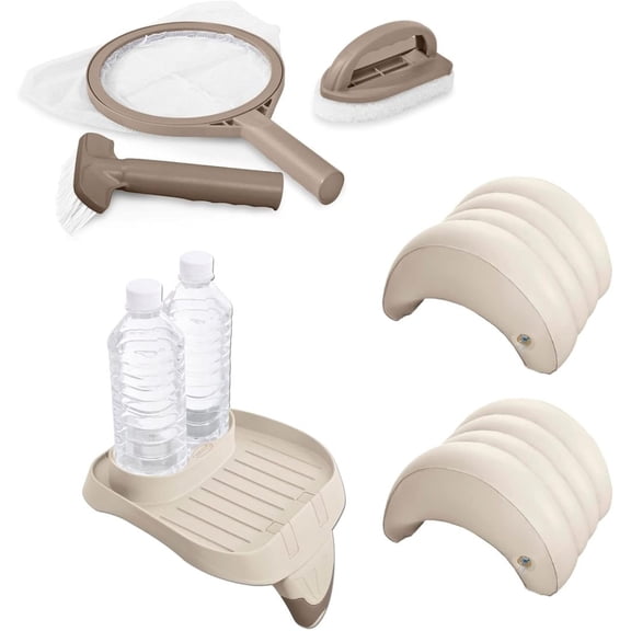 WJSP PureSpa Maintenance Cleaning Accessory Kit and Cup Holder with Storage Tray Attachment and Inflatable Removable Headrest Pillows, (2 Pack)