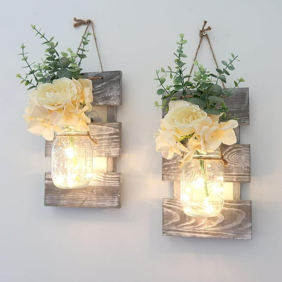 WJSP Rustic Wall Decor Set Of 2 Rose Bouquet 11.8 Inch Mason Jar Sconce With LED Lights For Living Room