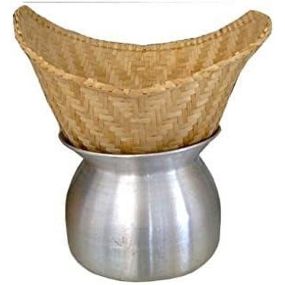 WJSP Silver Sticky Rice Steamer Pot and Bamboo Basket Set 1l Aluminum Cooker Manual Traditional Asian Cookware for Thai Lao Cuisine Kitchen Tool