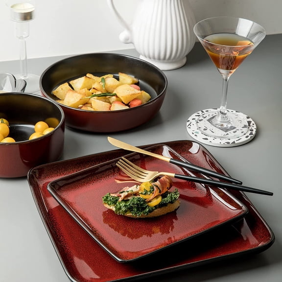 WJSP Square Stoneware Dinnerware Set Red 16pc Service for 4 w Dinner Side Cereal Pasta Bowls