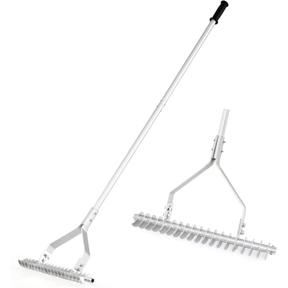 WJSP Thatch Rake 20 x 70 in Silver with 19 Curved Tines Long Handle 1 Count for Dead Grass Removal